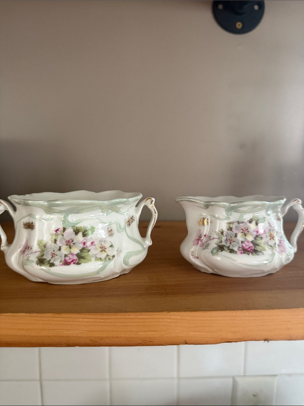 Porcelain Floral Sugar Bowl and Creamer Set - White with Pink Flowers